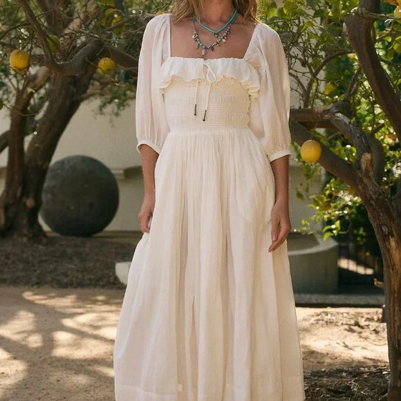 Free People White Oasis Smocked Cotton Midi Dress Boho Cottagecore - Picture 1 of 7